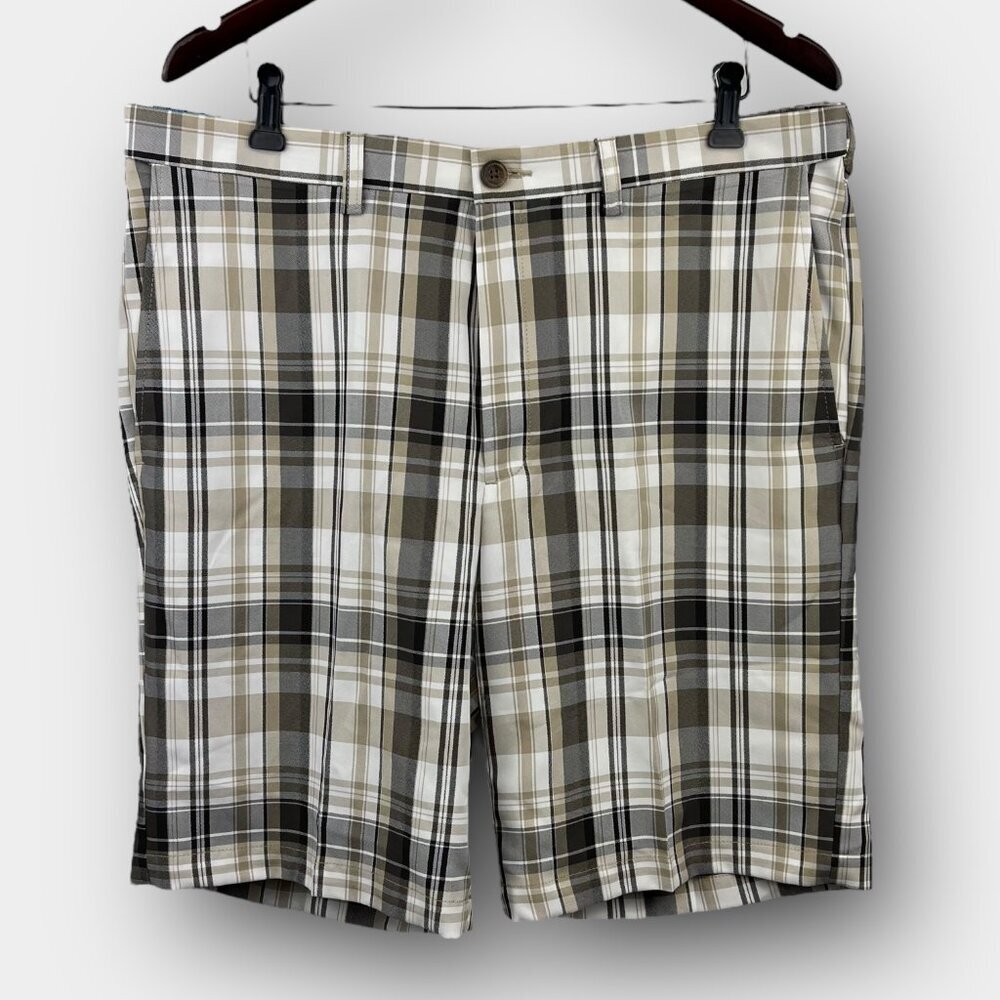 Haggar Cool 18 Pro Plaid Golf Shorts 36W NWT Putty Expandable Waist UV Quick Dry